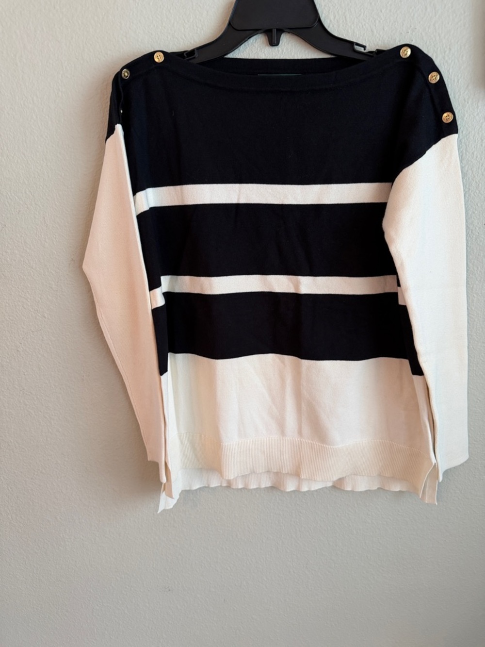 Lauren Ralph Lauren Black and Cream Striped Boatneck Sweater with Gold Buttons